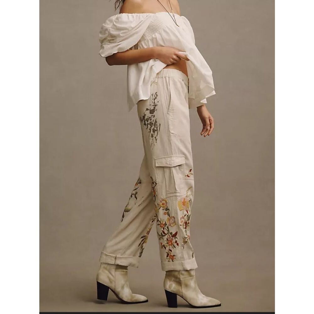 NWOT Pilcro x Anthropologie Embroidered Slim Botanical Linen Cargo Pants